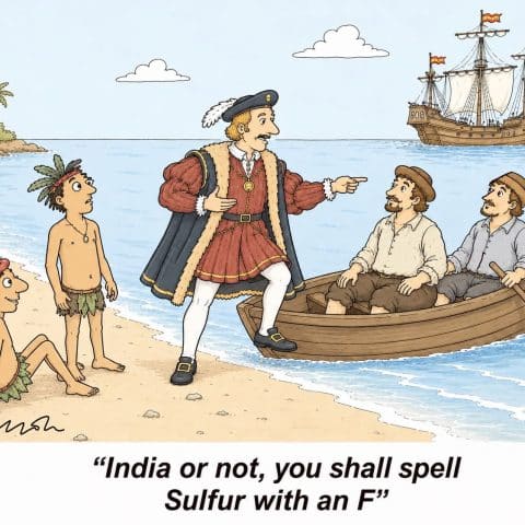 An explorer in period clothes gesturing at indigenous people on a beach and two rowers in a boat with a sailing ship in the background, captioned about spelling sulfur with an F.