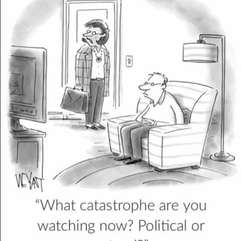 A man sitting in an armchair watching TV while a woman stands behind him asking if he is watching a political or natural catastrophe.
