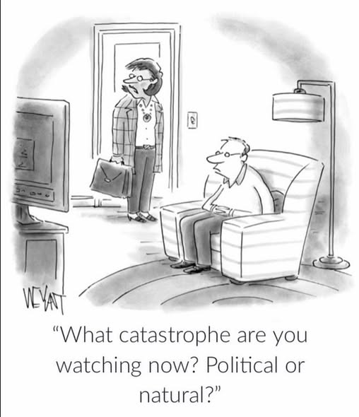 A man sitting in an armchair watching TV while a woman stands behind him asking if he is watching a political or natural catastrophe.