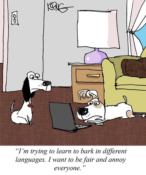 Two cartoon dogs in a living room, one sitting and the other lying on the floor watching a laptop while speaking.