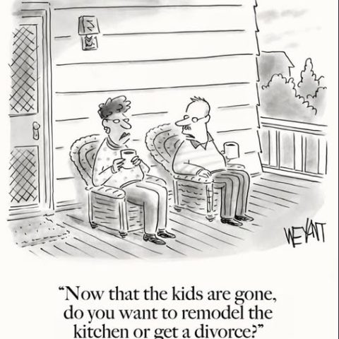 A man and a woman sit in chairs on a porch, each holding a cup, with a caption about choosing between kitchen remodeling and divorce now that the kids are gone.