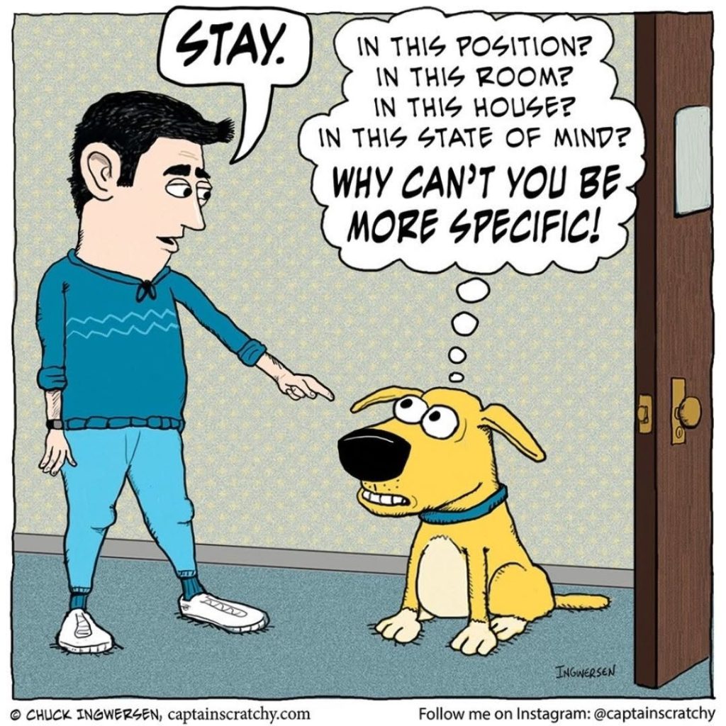Cartoon of a man pointing at a sitting dog, saying 'STAY.' The dog thinks, questioning which position, room, house, or state of mind he should stay in.