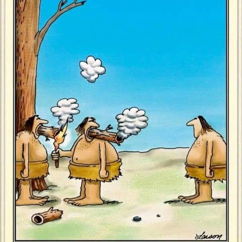 Three cavemen standing outside, two blowing smoke from wooden pipes at a third who stands facing them. One caveman holds a torch and a broken branch lies on the ground.