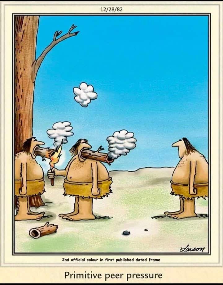 Three cavemen standing outside, two blowing smoke from wooden pipes at a third who stands facing them. One caveman holds a torch and a broken branch lies on the ground.