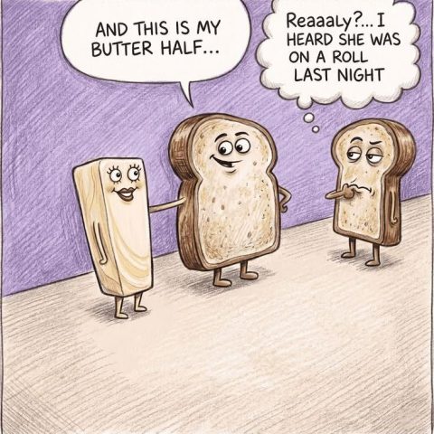 A stick of butter with eyes and a mouth stands leaning on a smiling slice of bread, saying 'And this is my butter half...' A suspicious-looking slice of bread thinks, 'Reaaaly?... I heard she was on a roll last night.'