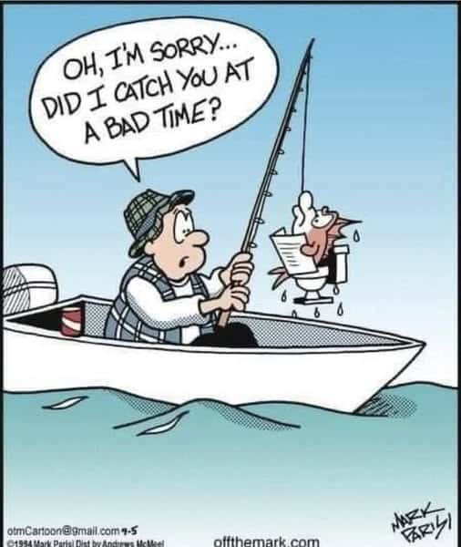 A cartoon of a fisherman sitting in a boat holding a fishing rod that has reeled in a sweating man in office clothes sitting on a chair holding papers, saying, 'Oh, I’m sorry... Did I catch you at a bad time?'