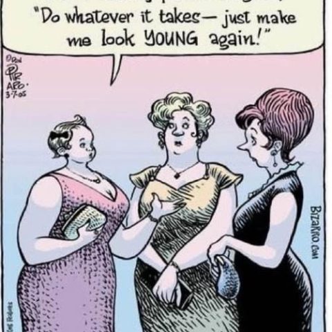 Three women dressed up for an event; one woman appears like an adult with the facial features of a toddler. The adult woman with toddler face says, 'So I tell my plastic surgeon, Do whatever it takes - just make me look young again!'