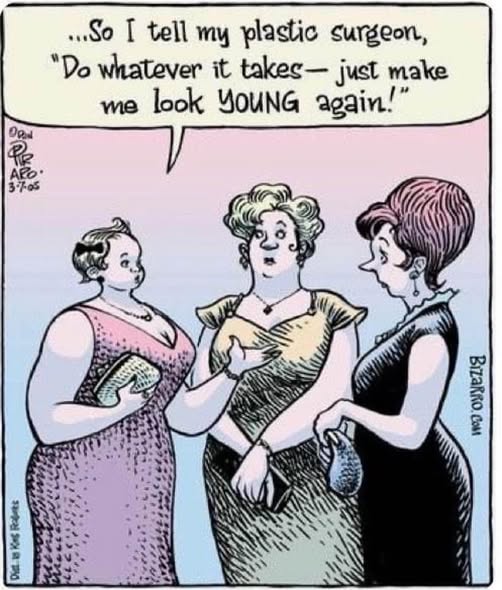 Three women dressed up for an event; one woman appears like an adult with the facial features of a toddler. The adult woman with toddler face says, 'So I tell my plastic surgeon, Do whatever it takes - just make me look young again!'