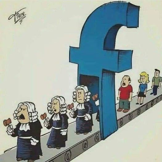 Conveyor belt with caricatured judges holding gavels emerging from a Facebook logo, while users wait in line behind it.