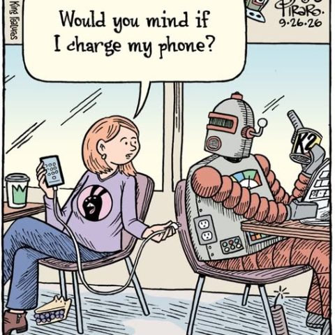 Woman sitting in a chair plugging her phone charger into the back of a robot who's also seated and reading a tablet while holding a drink.