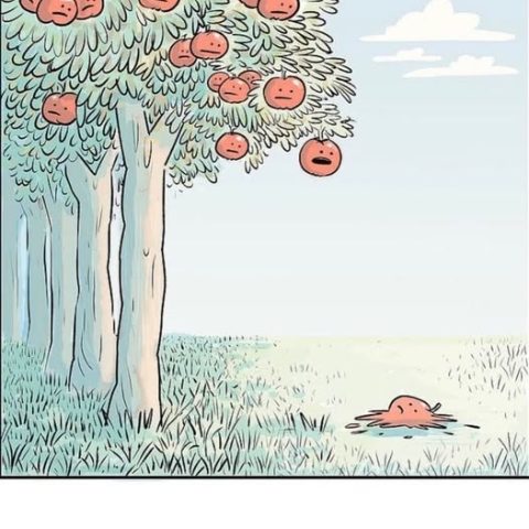 A cartoon tree with apples that have sad or worried faces, one apple fallen and splashed on the ground, and a caption saying 'Well, he's out for the season.'