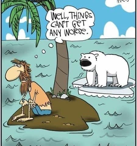A caveman sitting dejectedly on a tiny sandy island with a palm tree while a polar bear stands nearby on a small piece of drifting ice in the surrounding ocean under a blue sky with clouds.