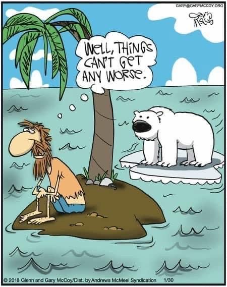 A caveman sitting dejectedly on a tiny sandy island with a palm tree while a polar bear stands nearby on a small piece of drifting ice in the surrounding ocean under a blue sky with clouds.