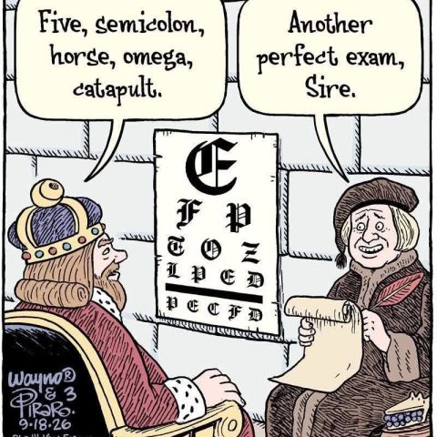 A medieval king in royal robes sits opposite a man holding a parchment, behind them an eye chart with gothic letters is on the wall.