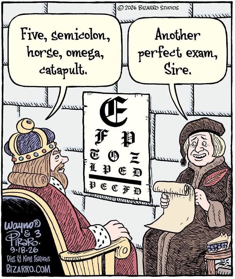 A medieval king in royal robes sits opposite a man holding a parchment, behind them an eye chart with gothic letters is on the wall.