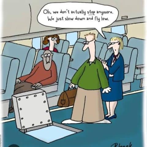 Inside an airplane cabin, a flight attendant explains to a passenger standing near an open floor hatch that the plane doesn't actually stop anymore; it just slows down and flies low. Other passengers look confused or surprised, and the open hatch is visible in the floor.