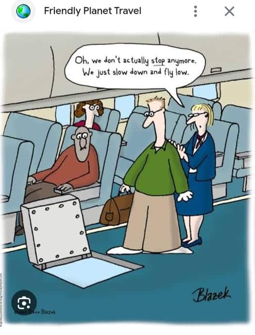 Inside an airplane cabin, a flight attendant explains to a passenger standing near an open floor hatch that the plane doesn't actually stop anymore; it just slows down and flies low. Other passengers look confused or surprised, and the open hatch is visible in the floor.