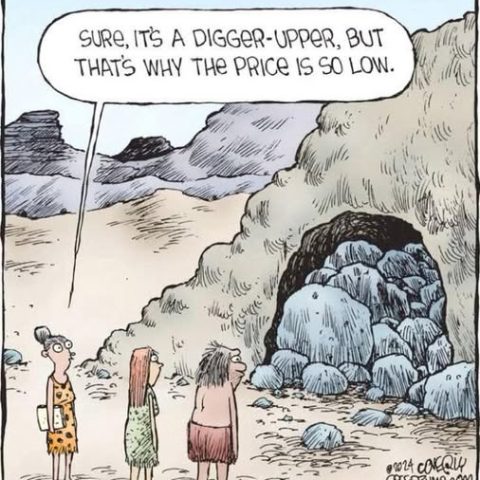 Three cavepeople standing outside a rocky cave entrance in a barren, mountainous area. One says the cave is a 'digger-upper' which is why the price is low.
