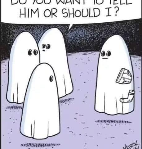 Four cartoon ghosts standing, one ghost has underwear and a sock visible beneath the sheet, one ghost asks if someone else will tell him.