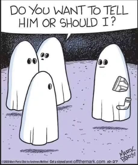 Four cartoon ghosts standing, one ghost has underwear and a sock visible beneath the sheet, one ghost asks if someone else will tell him.
