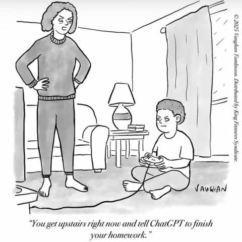 A stern woman stands with hands on hips while a boy sits on the floor intensely holding a video game controller; the dialogue reads: 'You get upstairs right now and tell ChatGPT to finish your homework.'