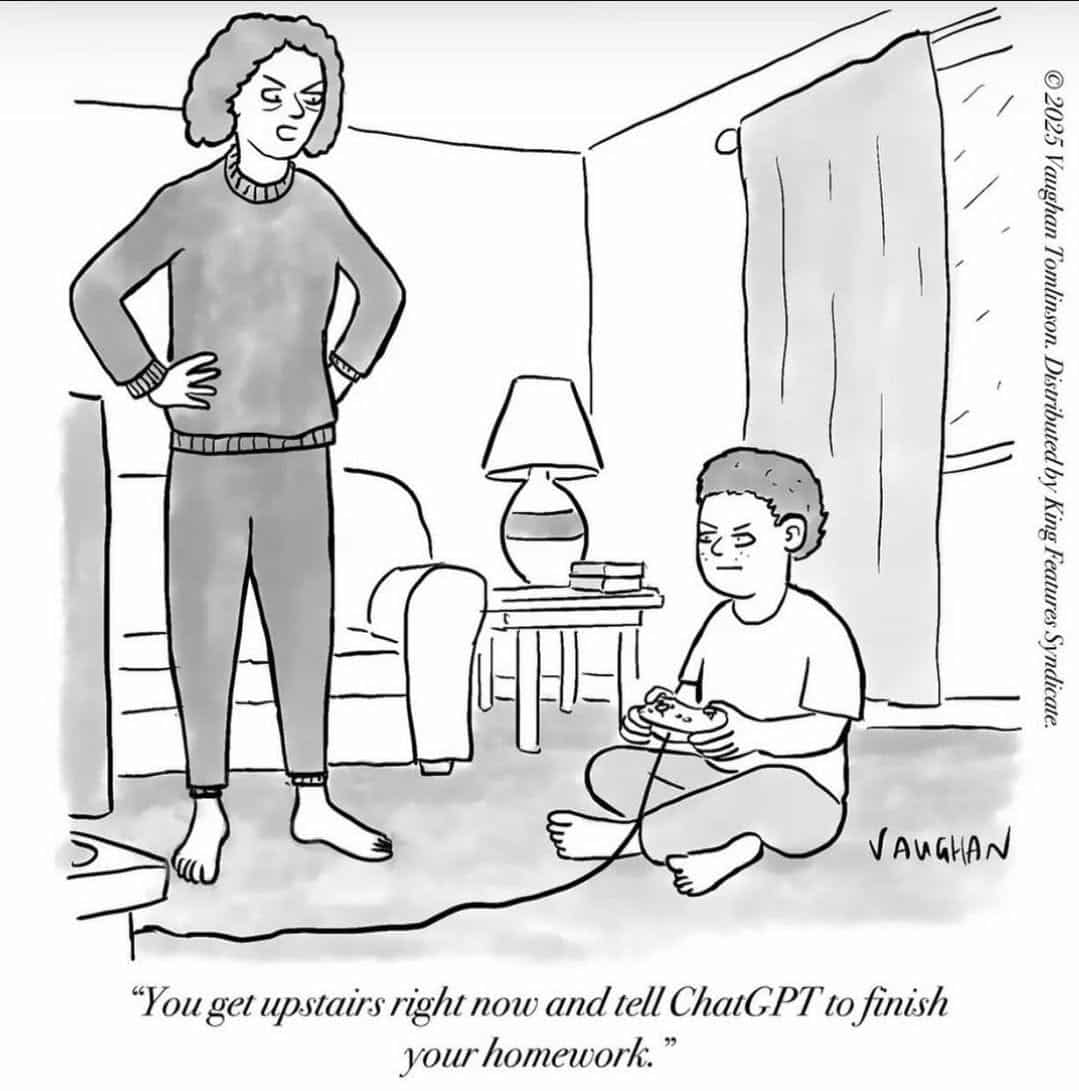 A stern woman stands with hands on hips while a boy sits on the floor intensely holding a video game controller; the dialogue reads: 'You get upstairs right now and tell ChatGPT to finish your homework.'