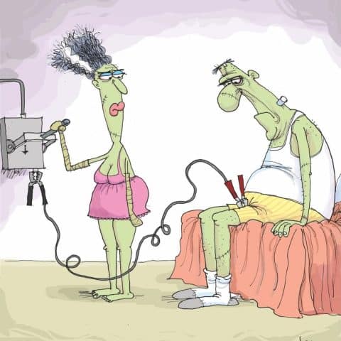 Two cartoon Frankenstein monsters, one female wearing a pink dress and the other male in yellow shorts and white undershirt, sit and stand with a battery charger connected between them.