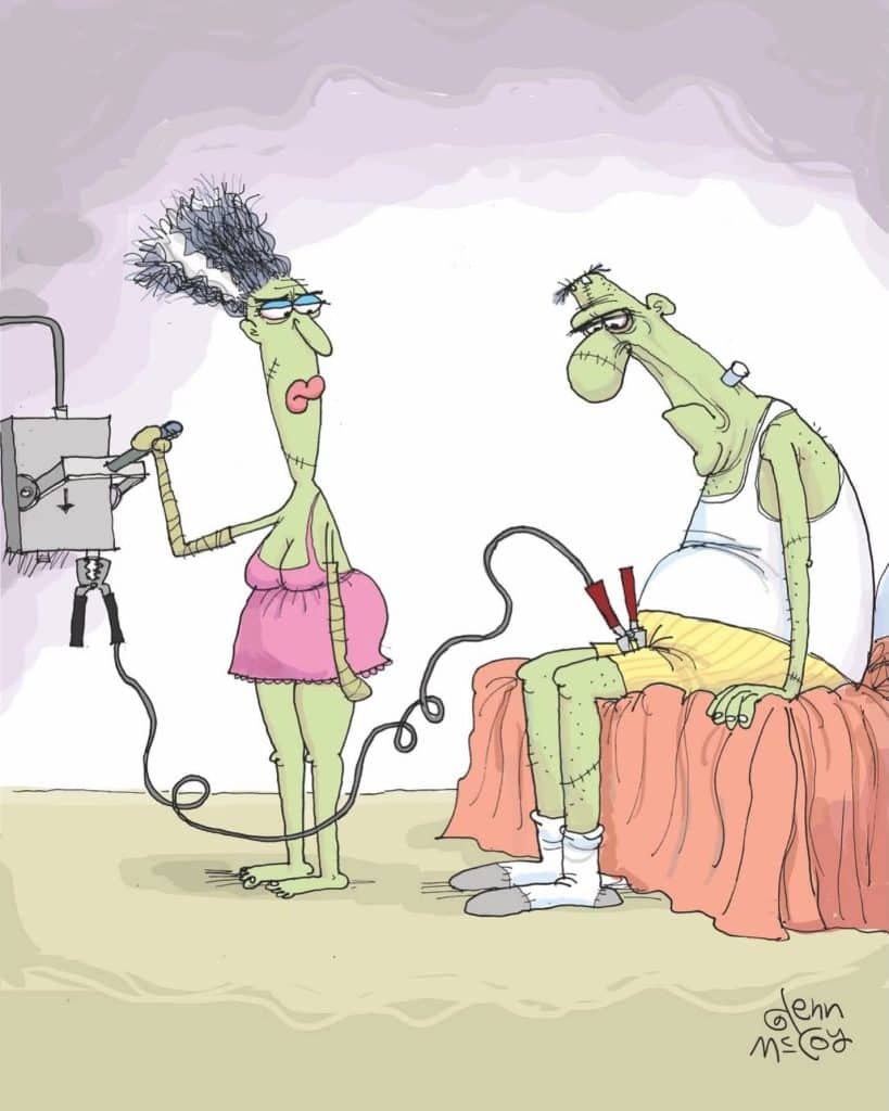 Two cartoon Frankenstein monsters, one female wearing a pink dress and the other male in yellow shorts and white undershirt, sit and stand with a battery charger connected between them.