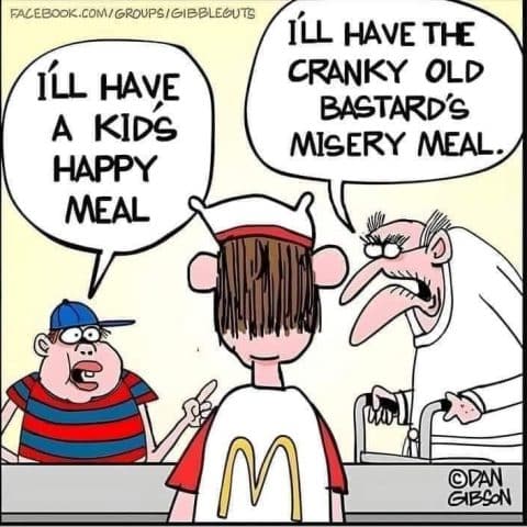 A kid in a red and blue striped shirt orders a Happy Meal from a McDonald's worker, while an angry old man with glasses and a walker orders a 'misery meal'.