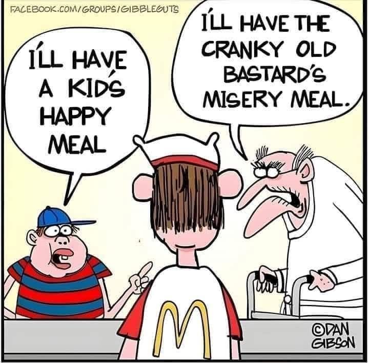 A kid in a red and blue striped shirt orders a Happy Meal from a McDonald's worker, while an angry old man with glasses and a walker orders a 'misery meal'.