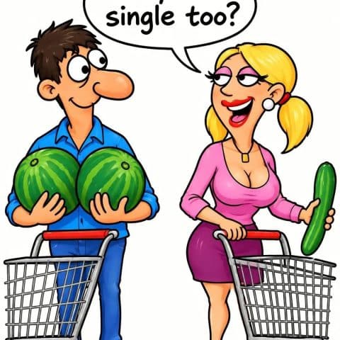 A cartoon man holds two watermelons over his chest while a woman holds a cucumber. Both push shopping carts and smile at each other. The woman says, 'So you're single too?'