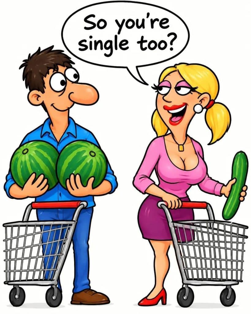 A cartoon man holds two watermelons over his chest while a woman holds a cucumber. Both push shopping carts and smile at each other. The woman says, 'So you're single too?'