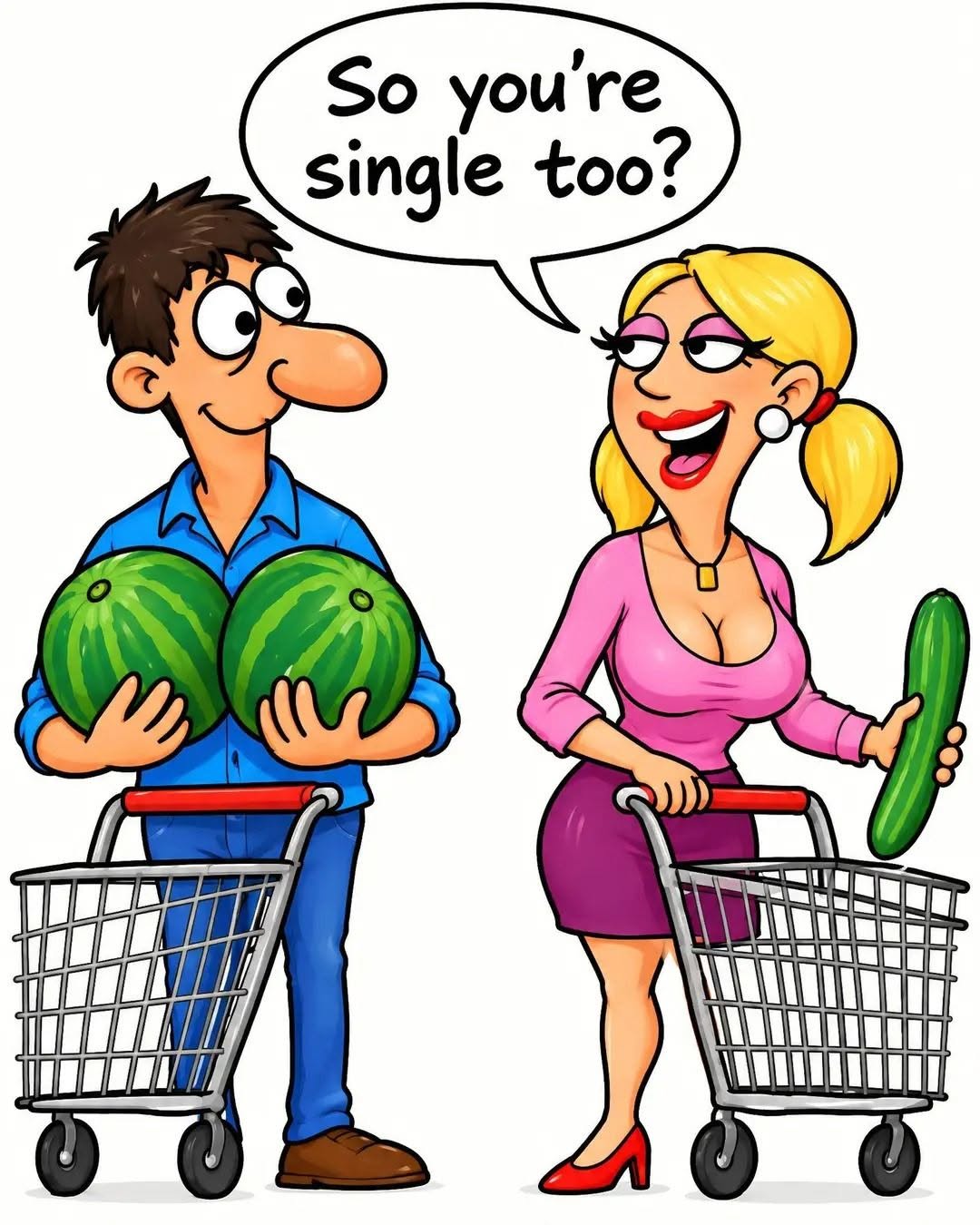 A cartoon man holds two watermelons over his chest while a woman holds a cucumber. Both push shopping carts and smile at each other. The woman says, 'So you're single too?'