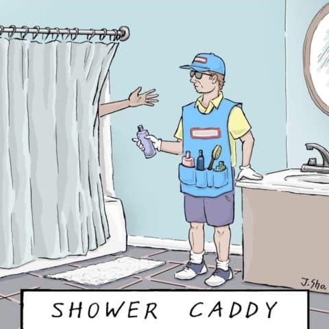 A man wearing a vest with pockets full of toiletries standing beside a shower curtain, handing a bottle to a hand coming out from inside the shower.