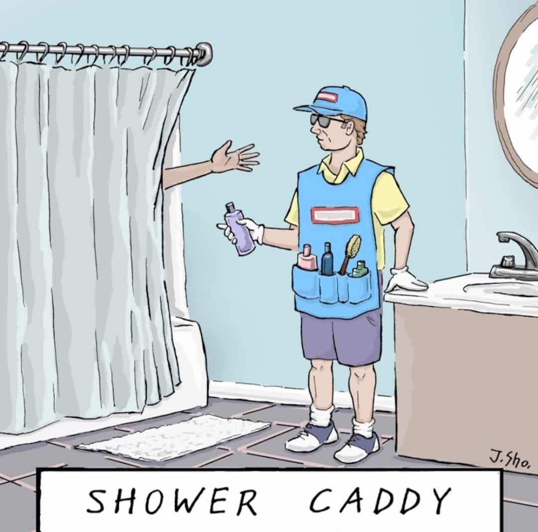 A man wearing a vest with pockets full of toiletries standing beside a shower curtain, handing a bottle to a hand coming out from inside the shower.