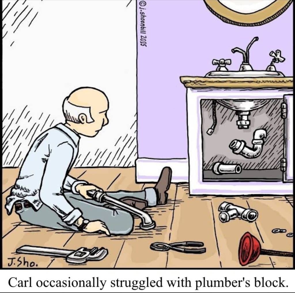 Cartoon of a balding man sitting on the floor holding a pipe wrench, staring at a cabinet under a sink with plumbing parts floating disconnected inside and various pipe tools scattered on the floor.