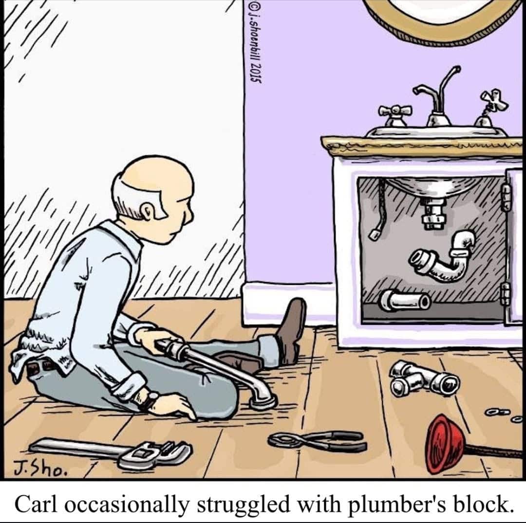 Cartoon of a balding man sitting on the floor holding a pipe wrench, staring at a cabinet under a sink with plumbing parts floating disconnected inside and various pipe tools scattered on the floor.