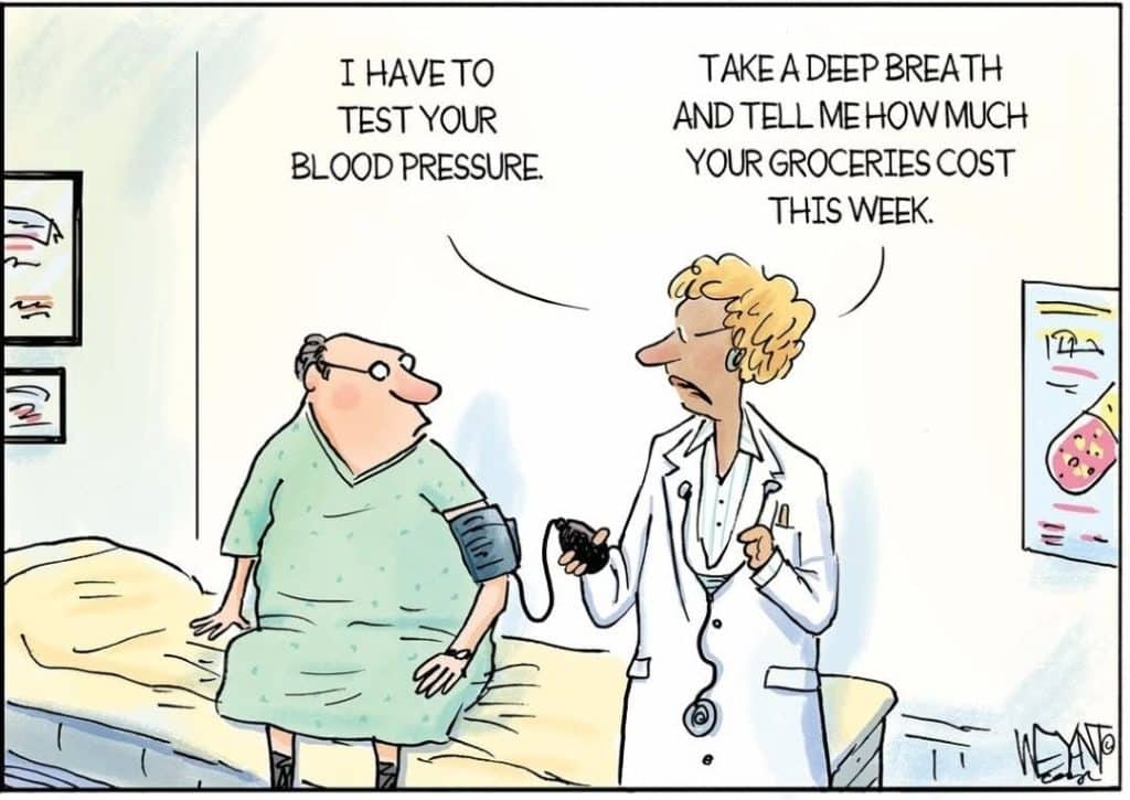 Cartoon of a doctor measuring a patient's blood pressure while telling him to take a deep breath and reveal his weekly grocery costs.