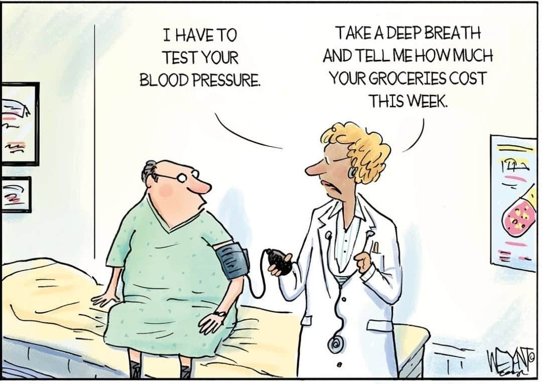 Cartoon of a doctor measuring a patient's blood pressure while telling him to take a deep breath and reveal his weekly grocery costs.