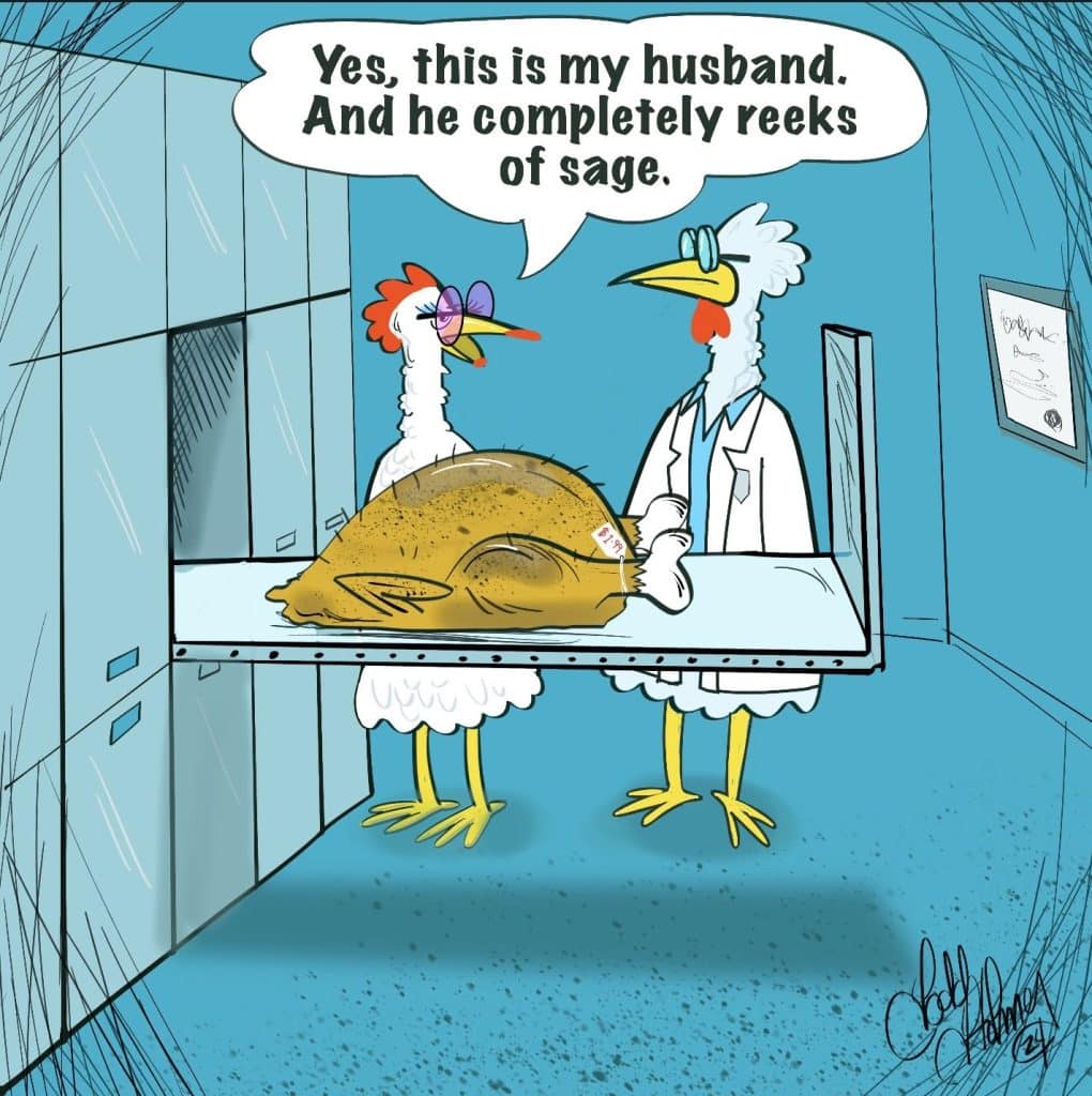 Two anthropomorphic chickens in a vet or lab setting, one dressed in glasses introducing a roasted turkey on a tray to another wearing lab coat and glasses.