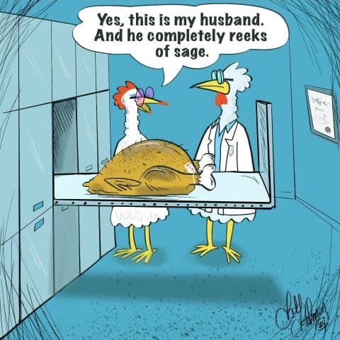 Two anthropomorphic chickens in a vet or lab setting, one dressed in glasses introducing a roasted turkey on a tray to another wearing lab coat and glasses.