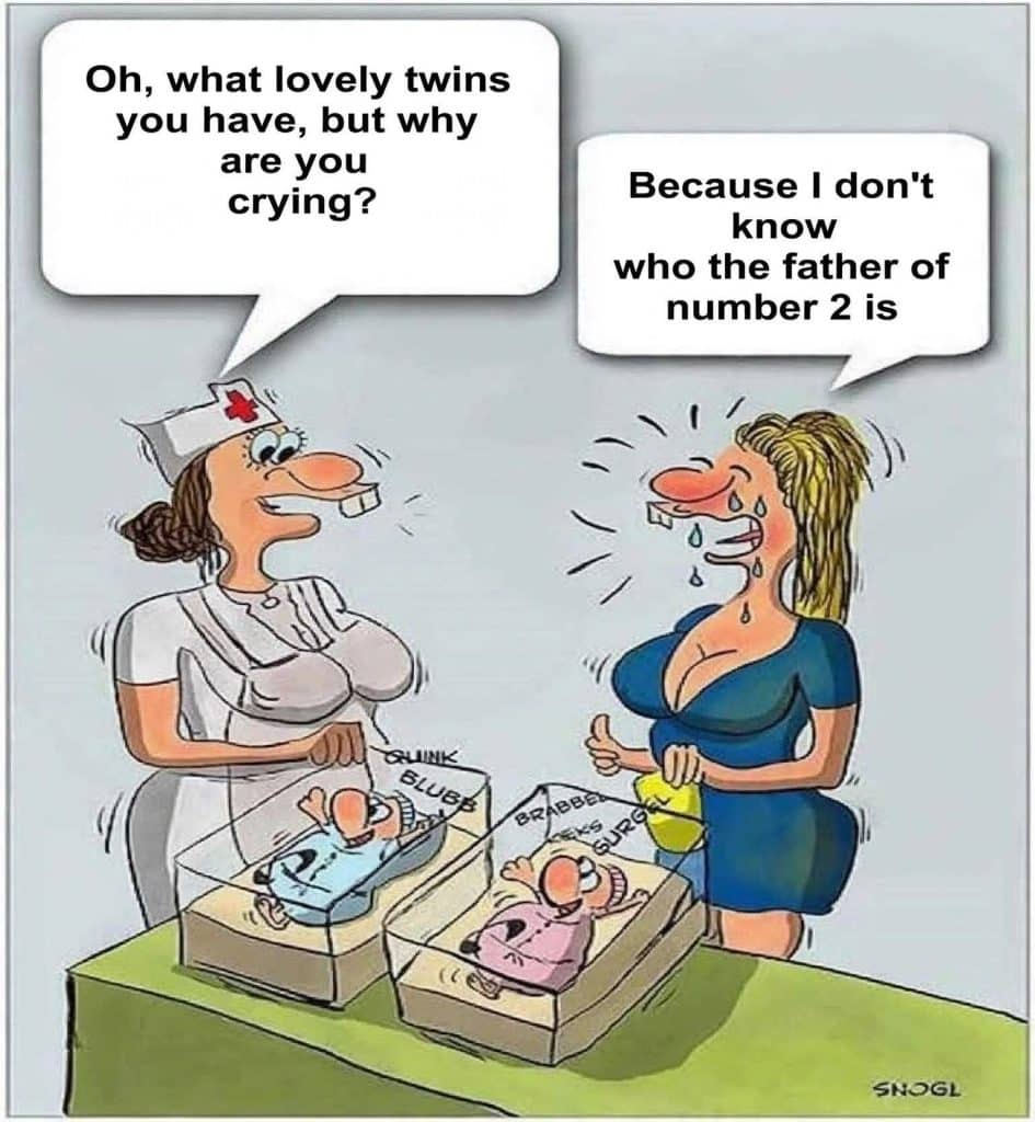 A cartoon nurse smiling and talking to a crying mother standing beside two newborn babies in separate incubators. The nurse asks why the mother is crying, and the mother responds she doesn't know who the father of the second baby is.