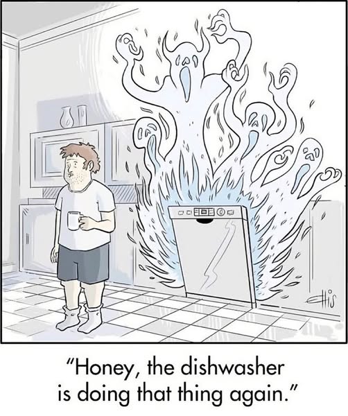 A man in casual home clothes holding a mug looks away while a dishwasher emits blue flames and ghostly figures with screaming faces from it in a kitchen.