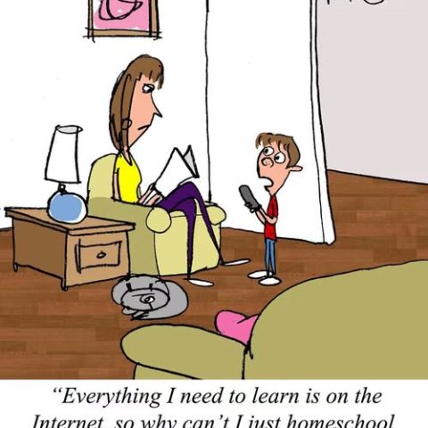 Cartoon of a woman reading in a chair while a boy stands holding a smartphone, asking a question about homeschooling himself when not playing video games.