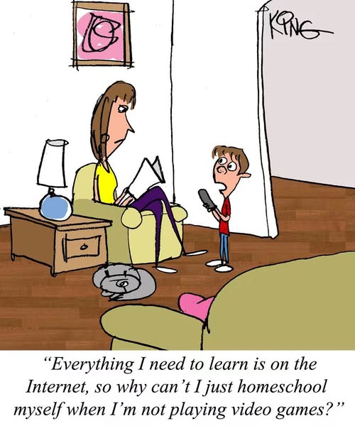 Cartoon of a woman reading in a chair while a boy stands holding a smartphone, asking a question about homeschooling himself when not playing video games.
