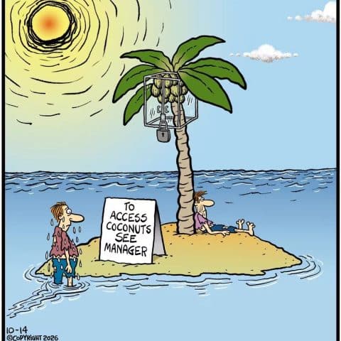 A small island with a palm tree bearing coconuts locked inside a glass box. A sign on the island reads 'To access coconuts see manager'. A man stands waist-deep in water looking at the island nervously. Another man lounges on the island.