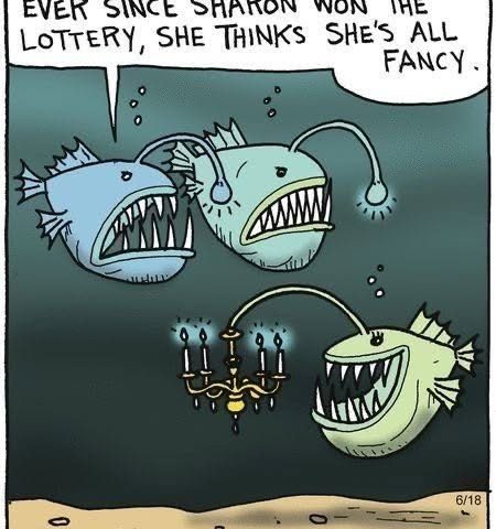 Three anglerfish with sharp teeth underwater. Two are speaking, one holds a lit chandelier in its mouth.