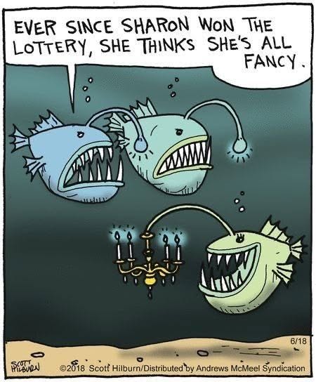 Three anglerfish with sharp teeth underwater. Two are speaking, one holds a lit chandelier in its mouth.