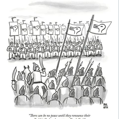 Two opposing medieval armies face each other, one group carrying flags with a duck symbol, the other presumably allied to a rabbit symbol not shown here, with one soldier demanding they accept the Duck God instead of the Rabbit God.