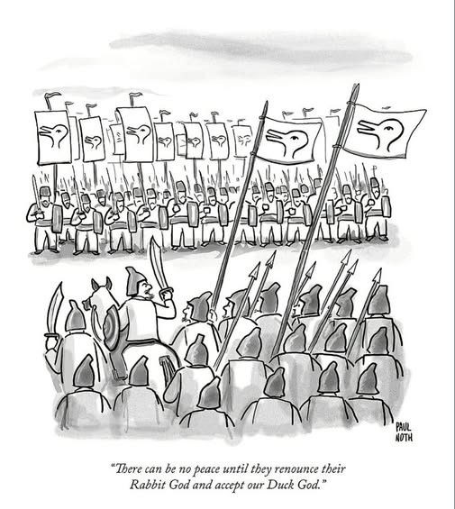 Two opposing medieval armies face each other, one group carrying flags with a duck symbol, the other presumably allied to a rabbit symbol not shown here, with one soldier demanding they accept the Duck God instead of the Rabbit God.